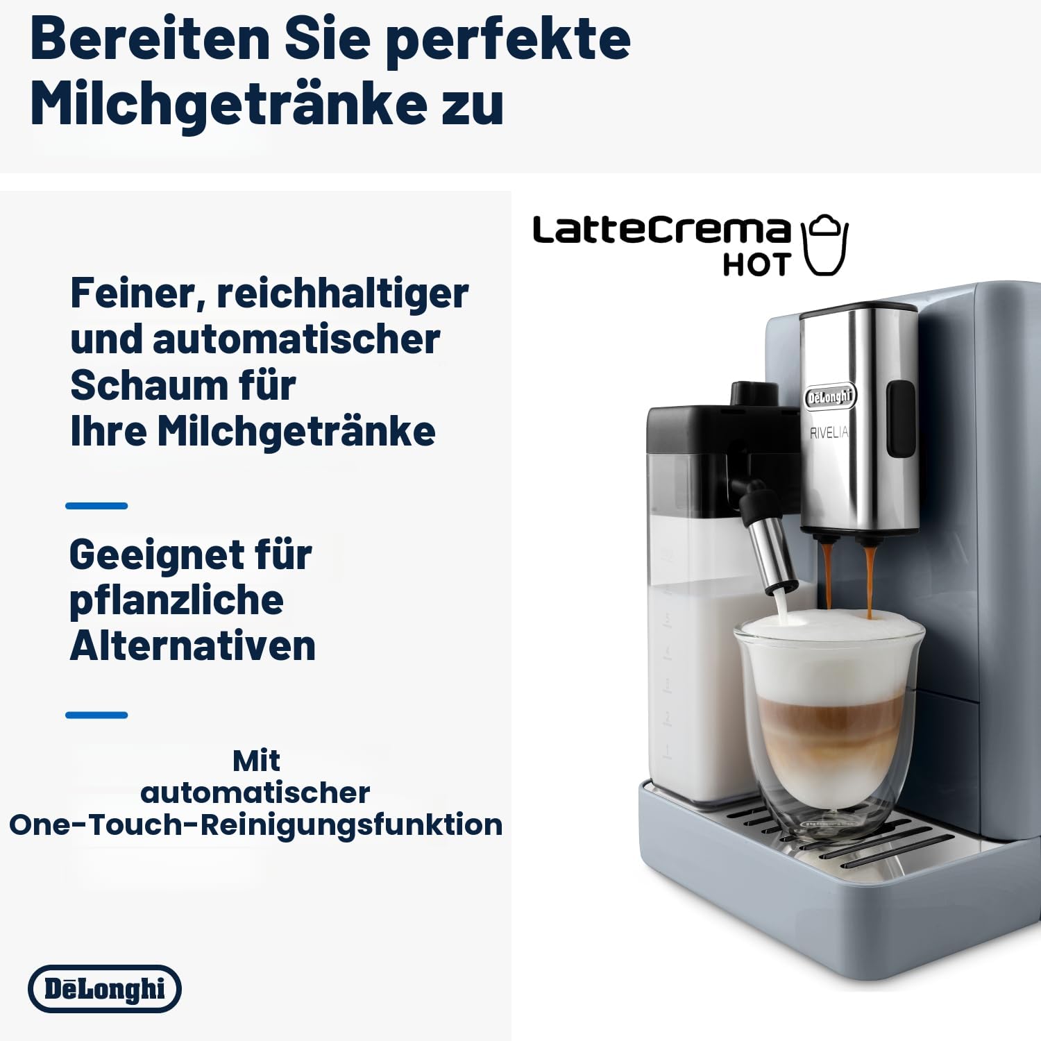 De'Longhi Rivelia EXAM440.55.G Kaffeevollautomat mit LatteCrema Milchsystem, Wechselbarer Bohnenbehälter, 16 Kaffee- & Milchgetränke auf Knopfdruck, Extra-Shot-Funktion, 3,5" Touch-Display, Grau