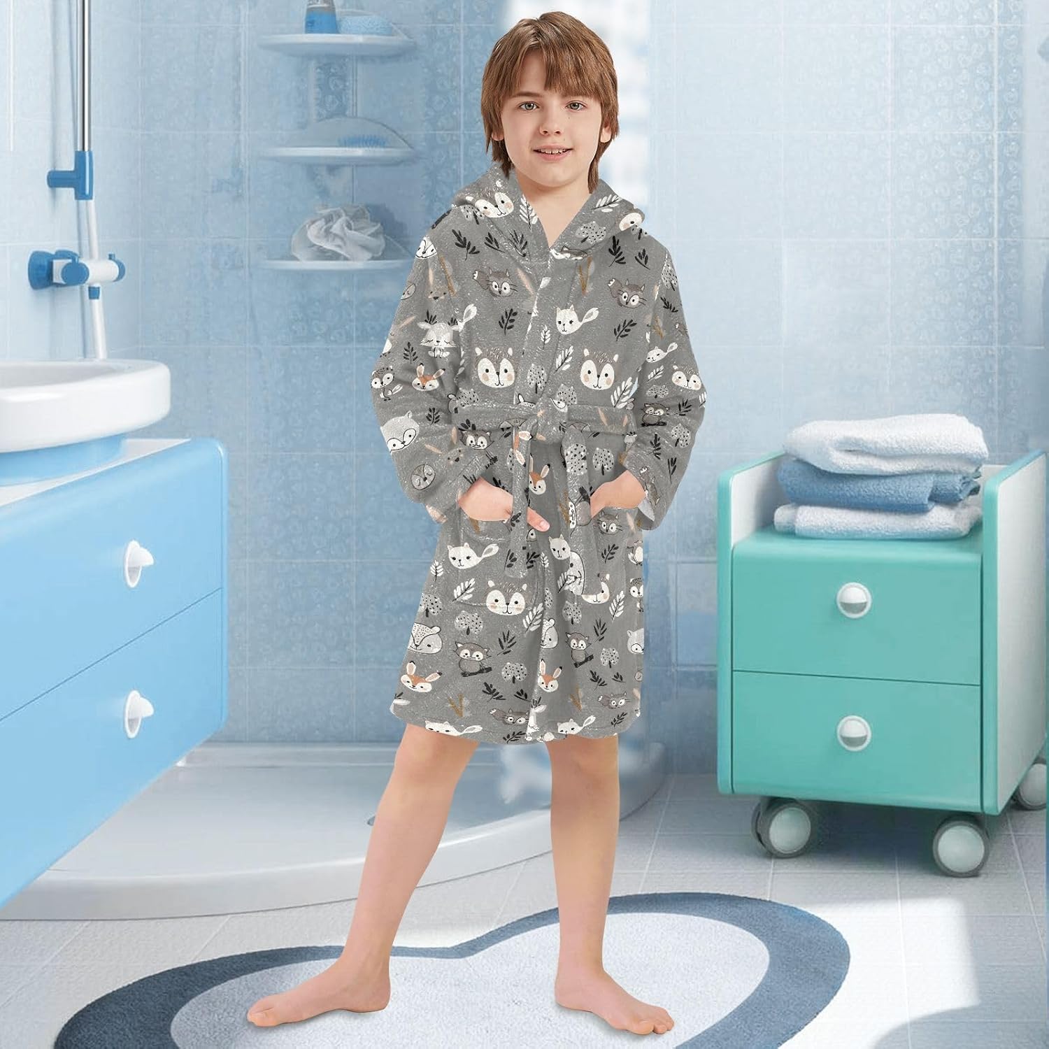 senya Grey Squirrel Head Toddler Hooded Bathrobe Kids Soft Plush Bath Towel Robes for Boys Girls 2-12 Years