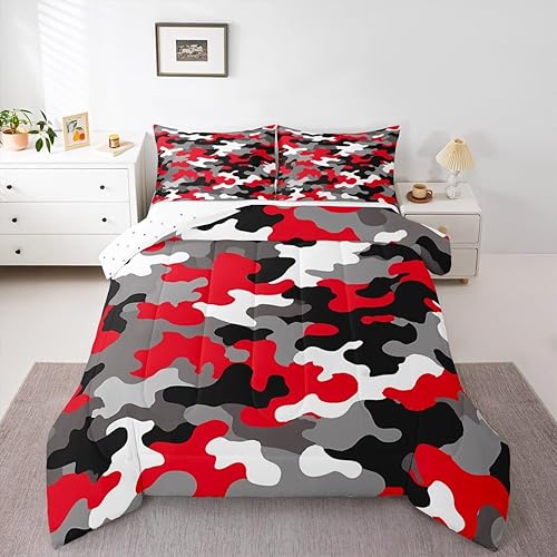 Miniatura 4 de jejeloiu Juego de ropa de cama de camuflaje de tamaño matrimonial, juego de edredón de camuflaje para niños y niñas, moderno arte abstracto, juego