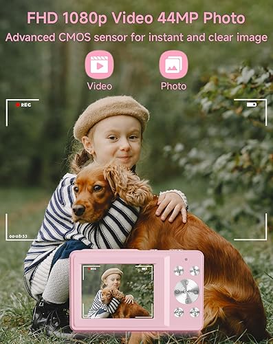 Miniatura 2 de Cámara digital para niños, FHD 1080P 44MP apuntar y disparar cámara digital con detección facial, cámara rosa