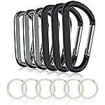 CampTek 6PCS Carabiner Caribeaner Clip,3 Large Aluminum D Ring Shape Carabeaner with 6PCS Keyring Keychain Hook (Black + Grey)