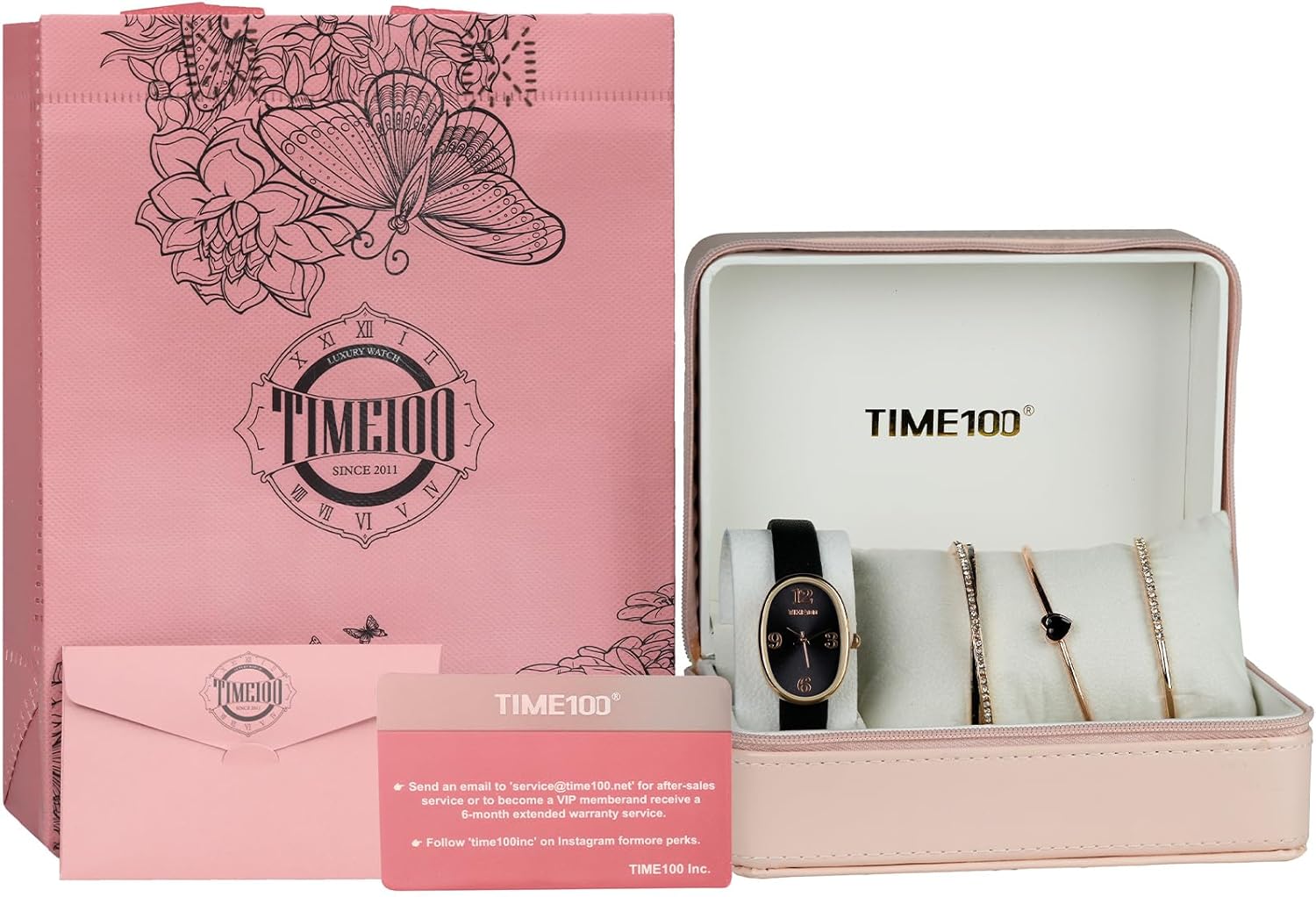 TIME100 Women's Oval Watch and Premium Crystal Accented Bracelet Set, Leather Band - Image 5