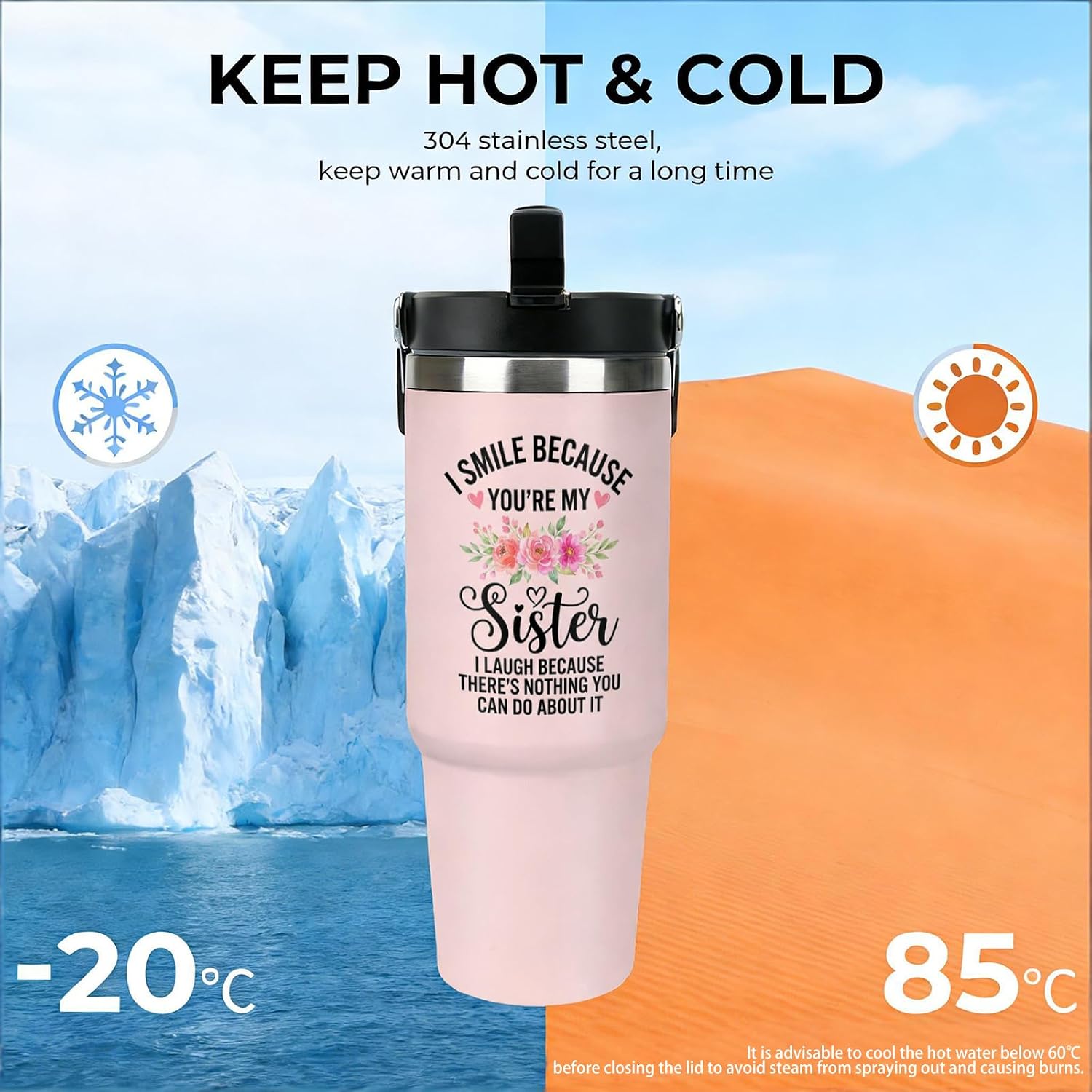 30 oz Sister Travel Mug with Handle and Straw, Cute Pink Floral Stainless Steel Vacuum Insulated Tumbler, Water Bottle, Funny Friendship Gifts for Women image 5