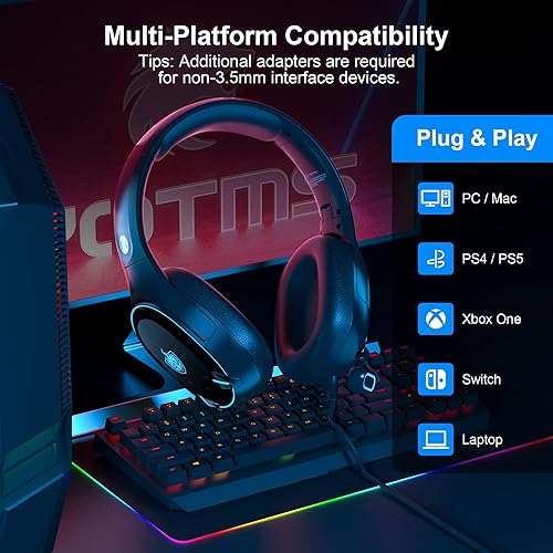 Miniatura 3 de Auriculares para juegos de PC, auriculares con cable para PS5, PS4, Nintendo Switch, auriculares Xbox One con sonido estéreo, auriculares plegables