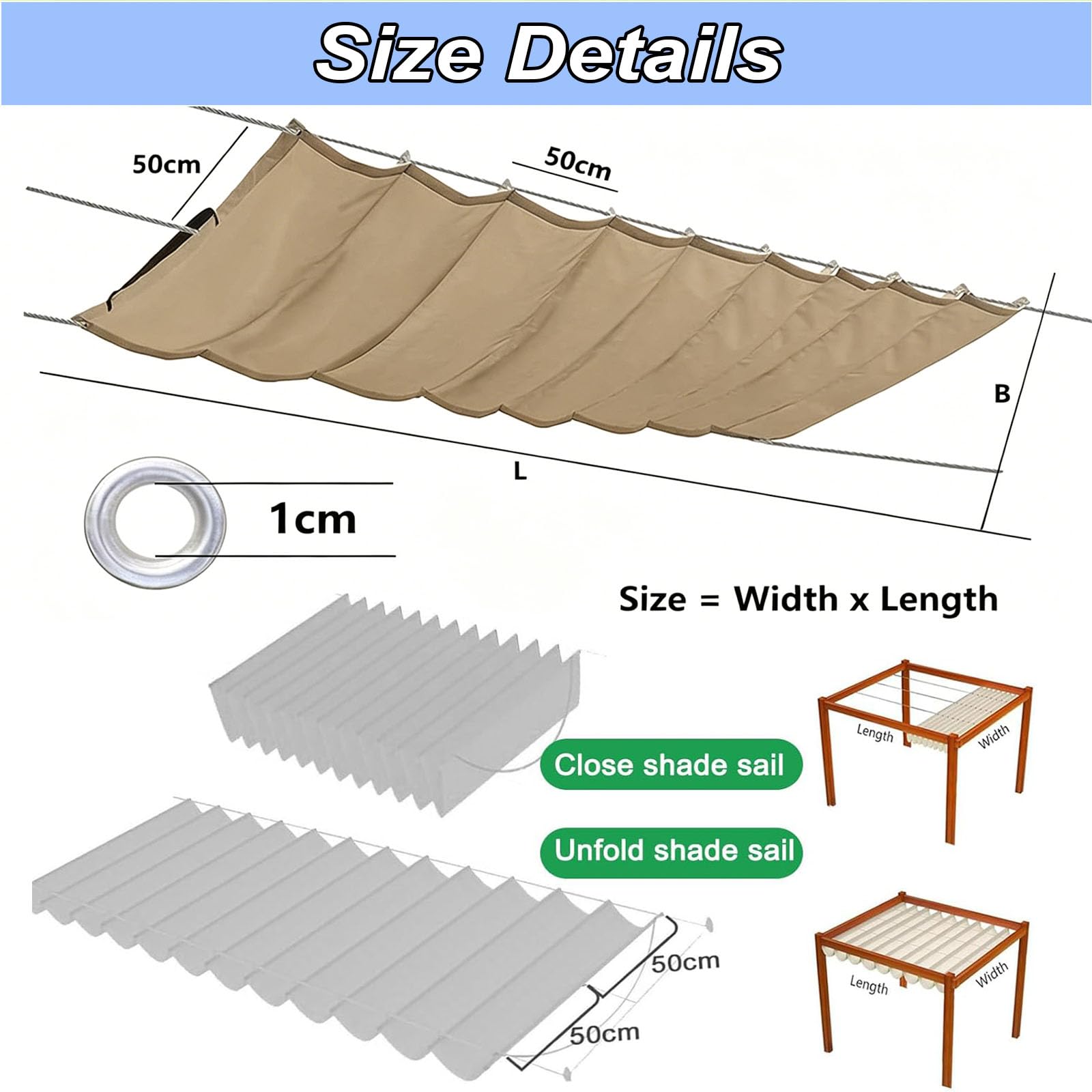 Einziehbares Welle Sonnensegel 200 x 400 cm Nach Maß Pergola Markise Verstellbar Schattenabdeckung 95% Uv-Schutz & Reißfest Nach Maß Pergola Markise für Outdoor Balkon, Khaki
