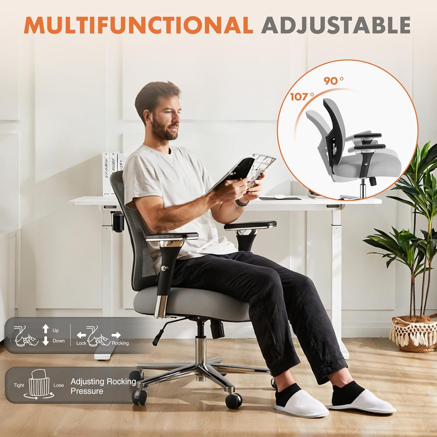 Sweetcrispy Big and Tall Office Desk Chair with Lumbar Support, 500lbs Heavy Duty Mesh Ergonomic Computer Chair with 4D Armrest and Wide Comfy Seat, Wheels for Adult, Grey
