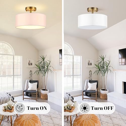 Miniatura 6 de Luz de tambor de 15 pulgadas, lámpara de techo semiempotrada de tela blanca y acabado chapado en oro, lámpara de techo para dormitorio, comedor,