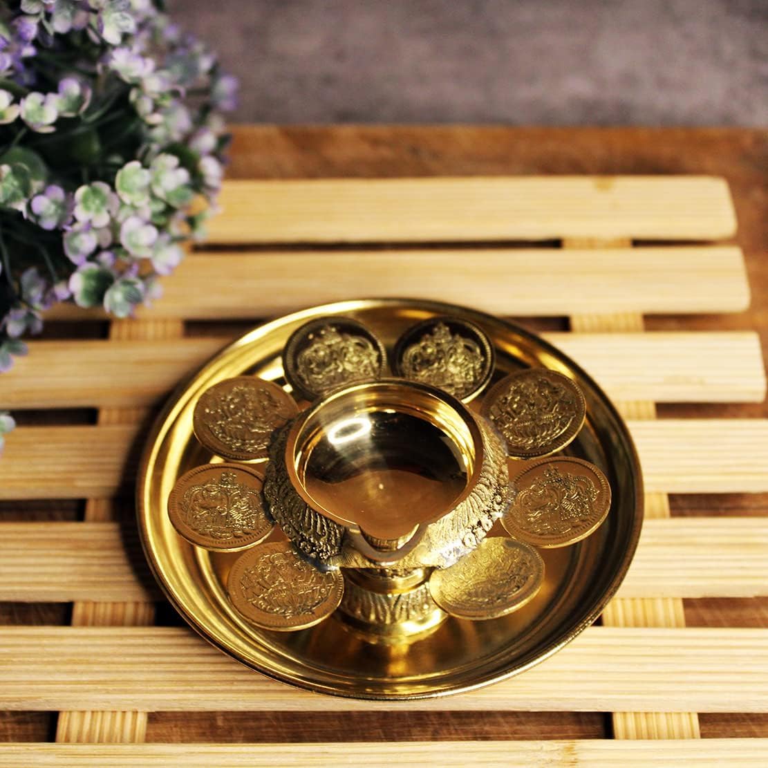 by Sengems Brass Kubera vilakku with Stand and Plate - Lakhsmi Kuber Diya - Gaja Lakshmi Diya for Pooja (8 Coins Plate)