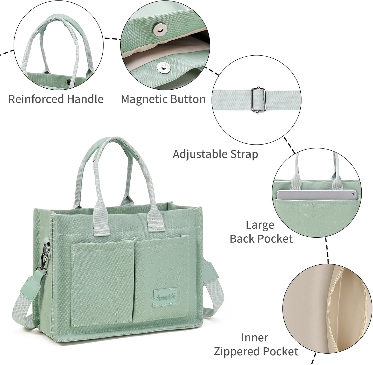 Small Tote Bags for Women Canvas Tote Bag with Zipper Satchel Crossbody Bag Work Travel Shoulder Handbags with Pockets - Image 6