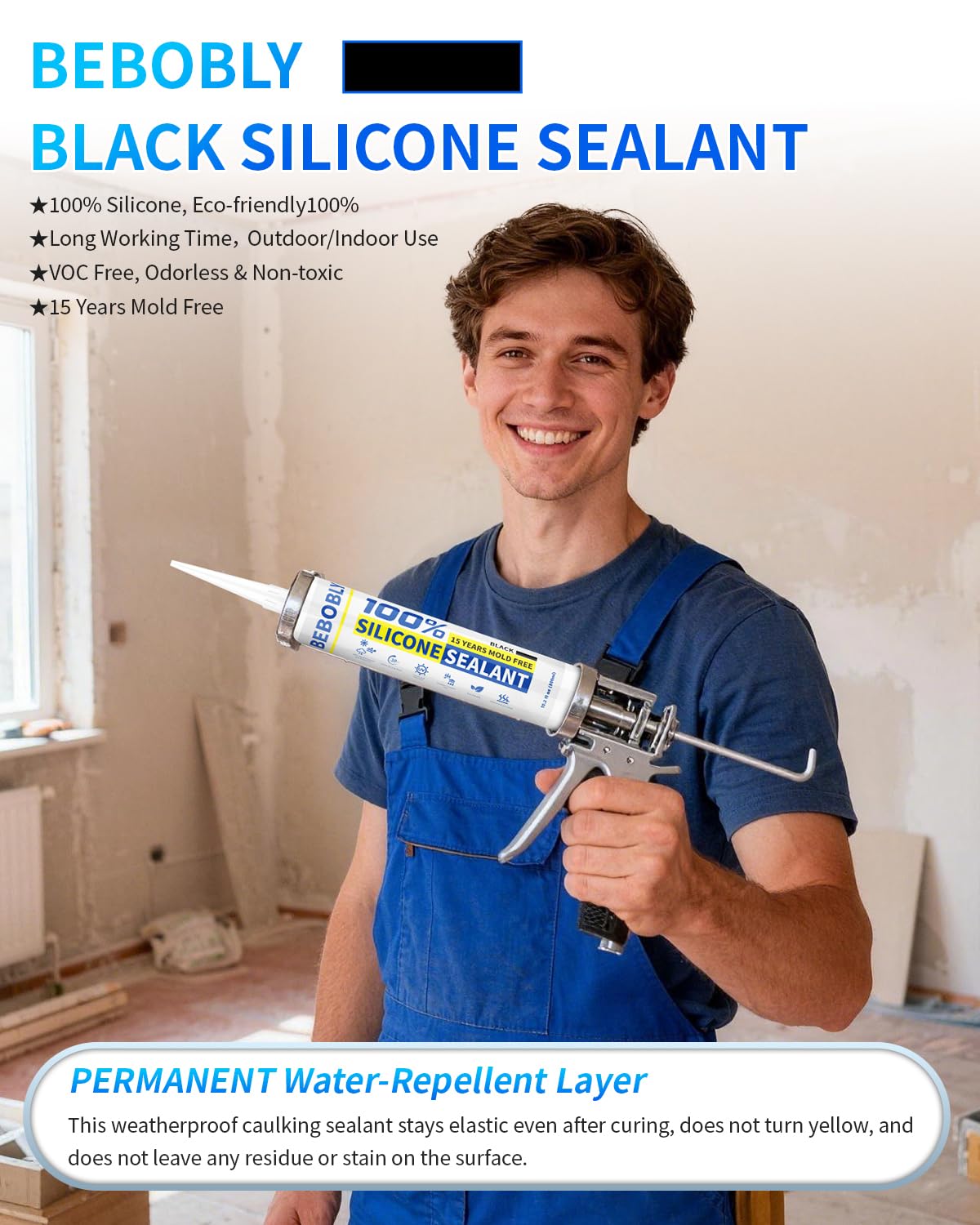 Black Silicone Caulk & Sealant, 100% Waterproof Silicone Caulking, Silicone Sealant Caulking for Kitchen, Bathroom, RV, Interior & Exterior Use, Shrink & Crack Proof, 10.2 FL. OZ/300ML, 12 Pack