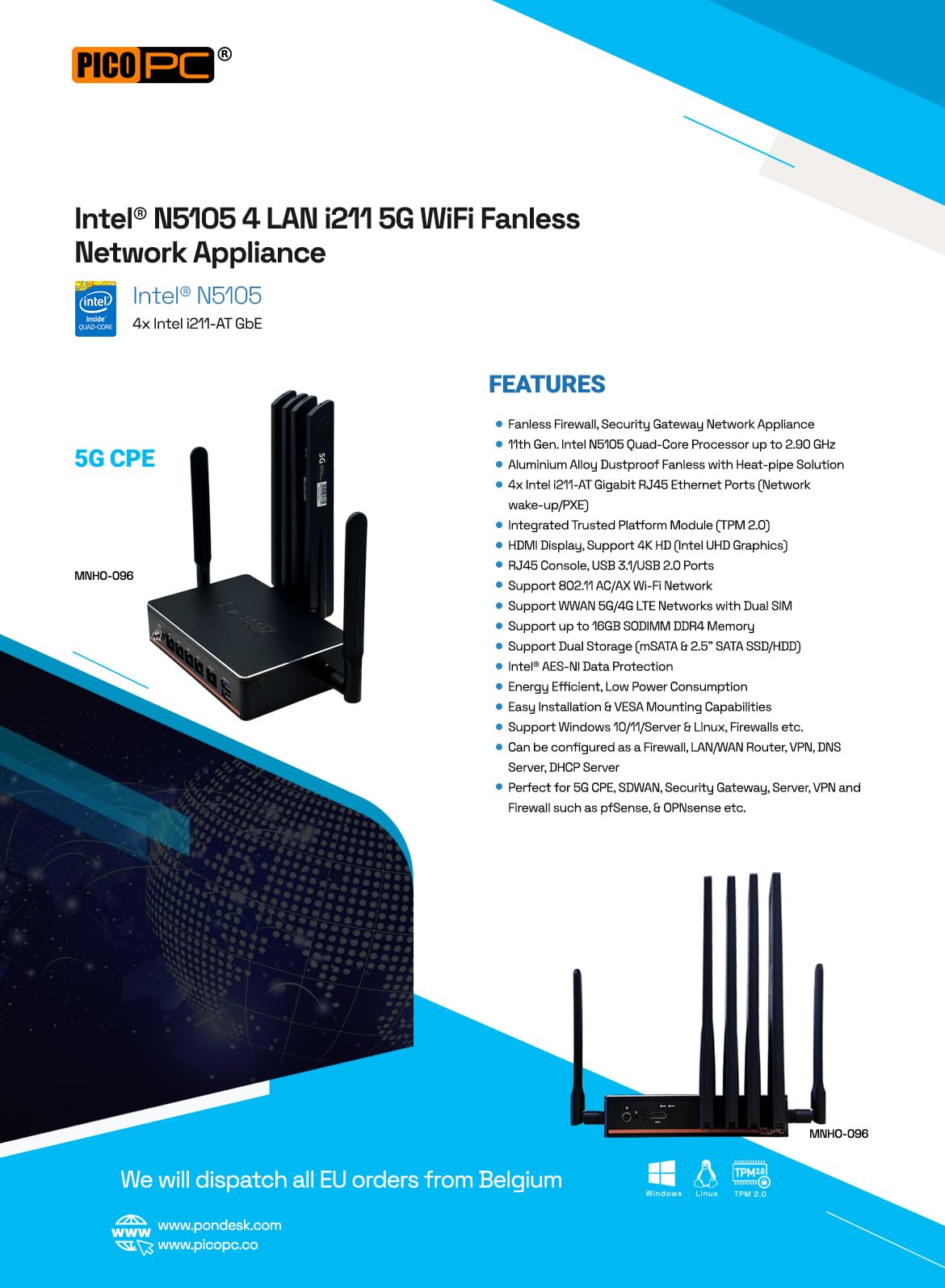 Fanless Firewall Micro Appliance/Mini PC/Firewall Router, N5105 Processor (4 Kerne 4 Gewinde), 16GB DDR4 | 256GB SSD | 4 LAN i211 | 5G CPE | SD-WAN Security Gateway mit TPM 2.0 (5G)