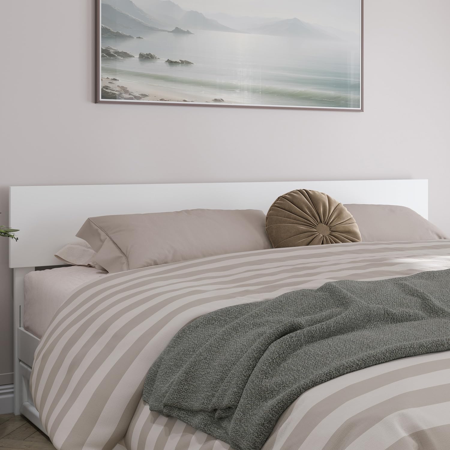 HomeStock Modern Motifs King Headboard in White - 76" x 14" x 38", Adjustable, USB Charger, Solid Hardwood & Veneers, Non-Toxic Finish, Compatible with Metal Bed Frames