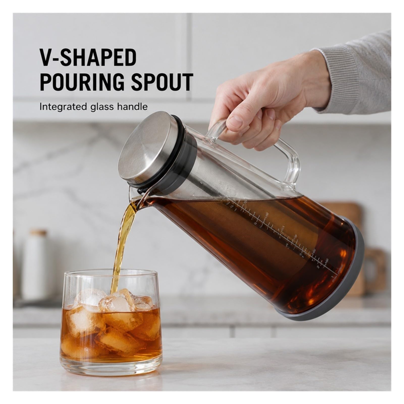 Caffettiera Cold Brew da 1,4 L, Caraffa Cold Brew con Filtro Fine Rimovibile, Brocca caffè Freddo in Vetro Borosilicato e Acciaio Inox per caffè e tè(1000ml)