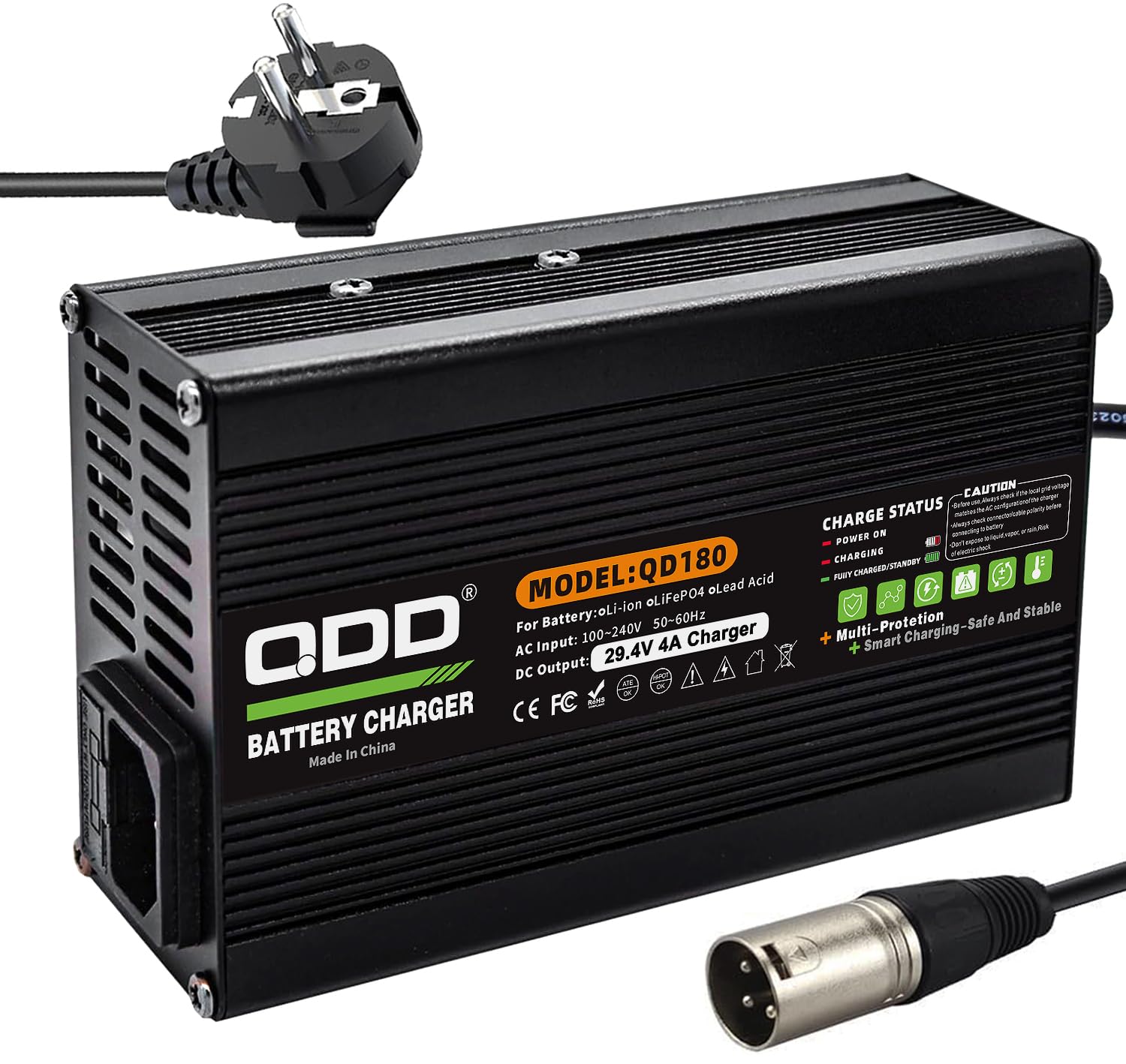 QDD 29,4 V 4 A Batterieladegerät für 7S 24 V 25,9 V Lithiumbatterie mit Kühllüfterausgang, 3-poliger XLR-Anschluss