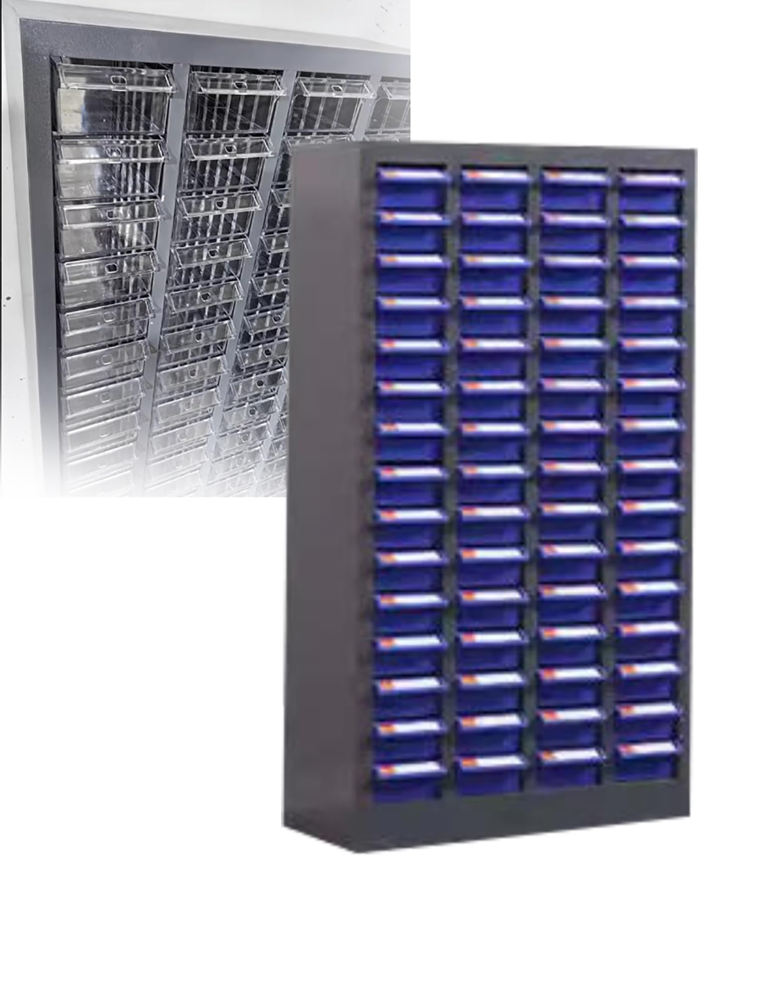 Armadio a 60 cassetti con cassetti etichettati per progetti di garage e hobby, in acciaio legato di design efficiente (T trasparente, 127 x 30 x 72,5 cm)