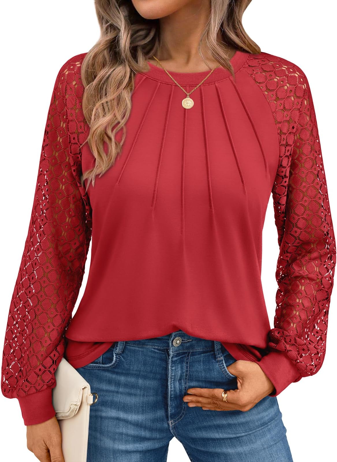 AUTOMET Womens Long Sleeve Shirts Pleated Lace Tops Fall Fashion Outfits Business Casual Blouses