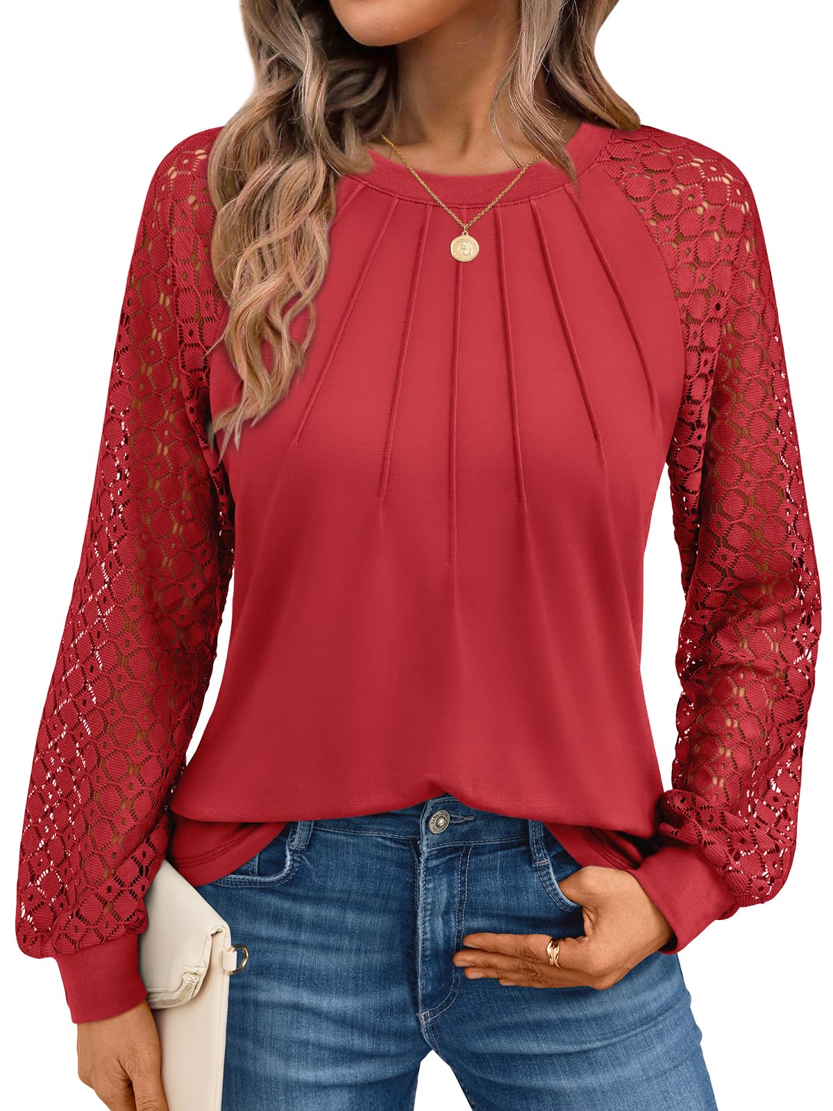 AUTOMET Womens Long Sleeve Shirts Pleated Lace Tops Fall Fashion Outfits Business Casual Blouses