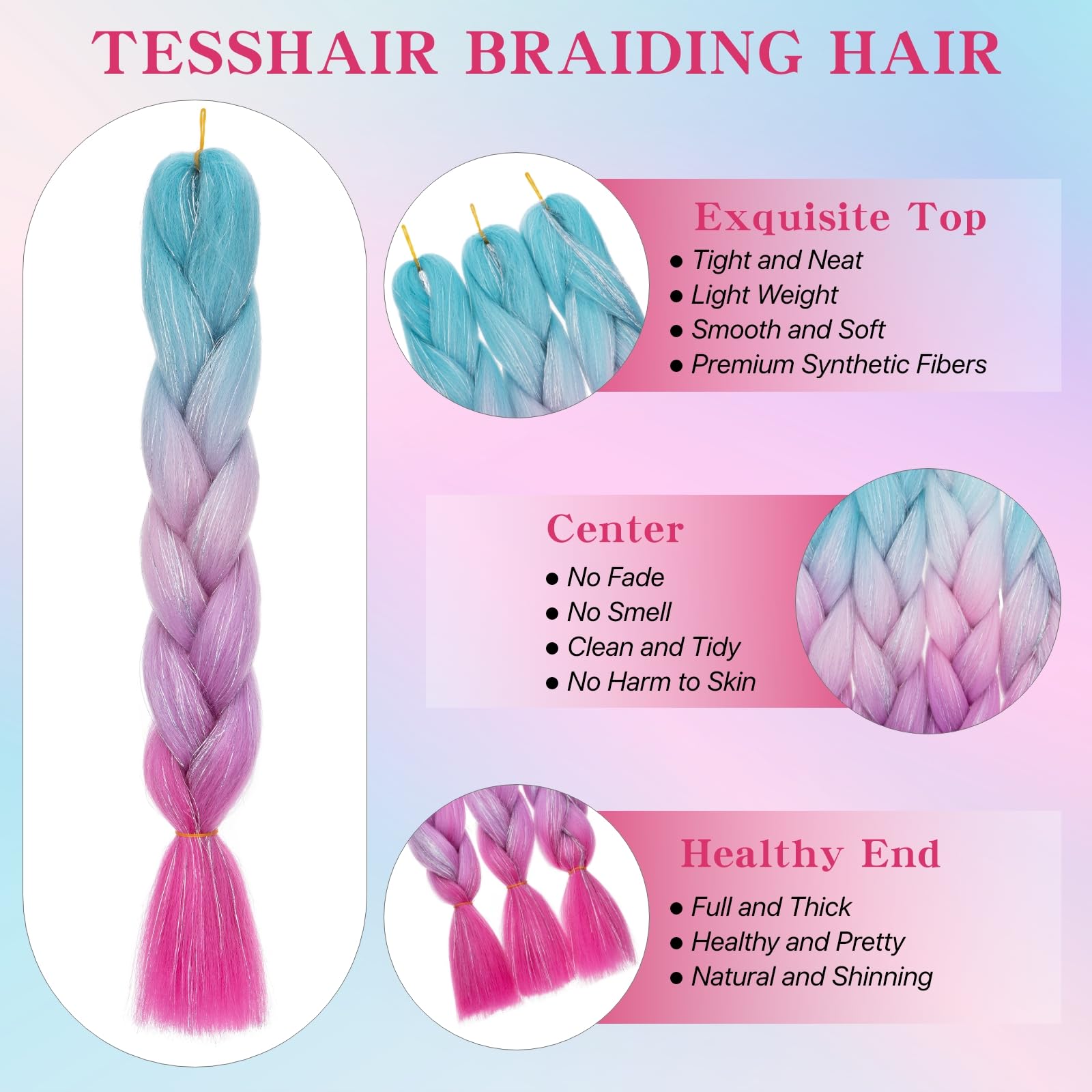 tesshair Braiding Hair Extensions 24 Inch Jumbo Braiding for Twist Braiding Synthetic Fashion Braids Extensions Hair Natural Braid Extensions for Women Grils (Lake Blue-Purple - Image 4