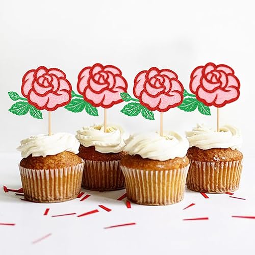 Miniatura 3 de Keaziu 24 piezas de rosas para cupcakes, rosas rosas rosas y verdes, diseño de doble capa para boda, aniversario, día de la madre, día de San