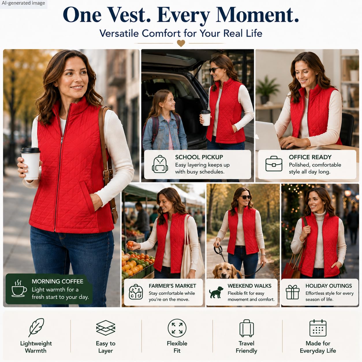 Bienzoe Gilet matelassé décontracté pour femme : veste légère et pliable sans manches, Rouge, 3X-Large