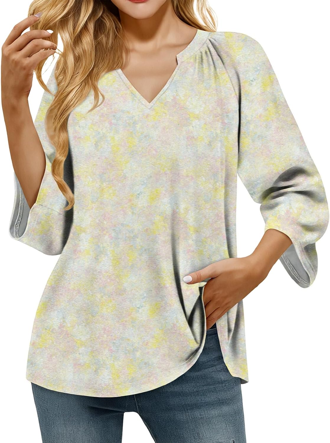 Womens 3/4 Sleeve Shirts Pleated V Neck Boho Floral Blouses Dressy Casual Comfy Soft Flowy Fall Basic Tops
