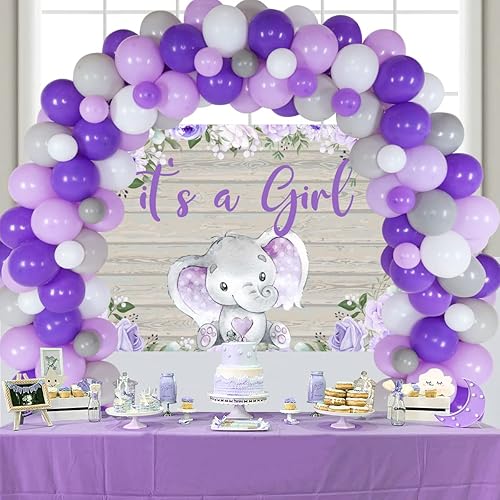Miniatura 3 de Decoraciones de baby shower de elefante morado para niña – It's A Girl Elefante telón de fondo lavanda floral pequeño elefante de bienvenida bebé