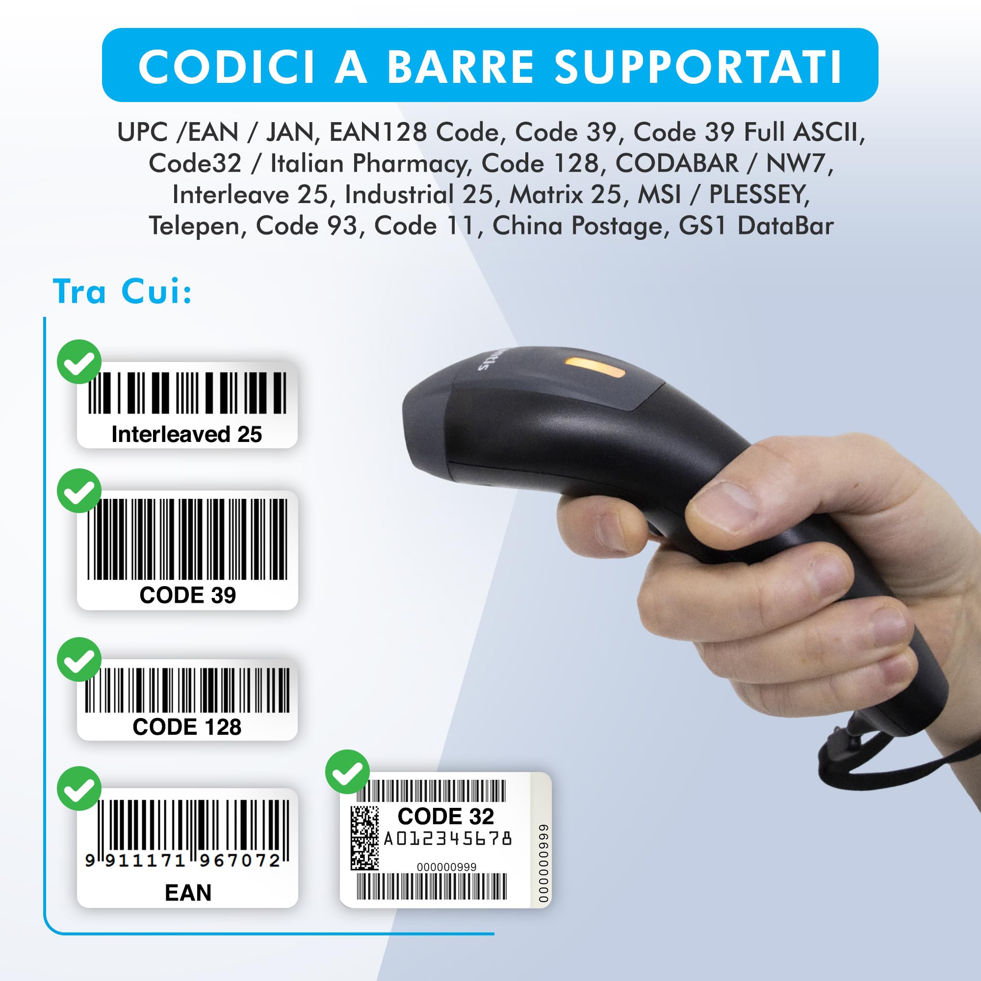 Atlantis A08-LS1552-W Lettore Codici a Barre Barcode reader scanner Wireless 1D Laser (650nm), 270 scansioni sec, codice farmaceutico, collegamento USB, guida rapida.