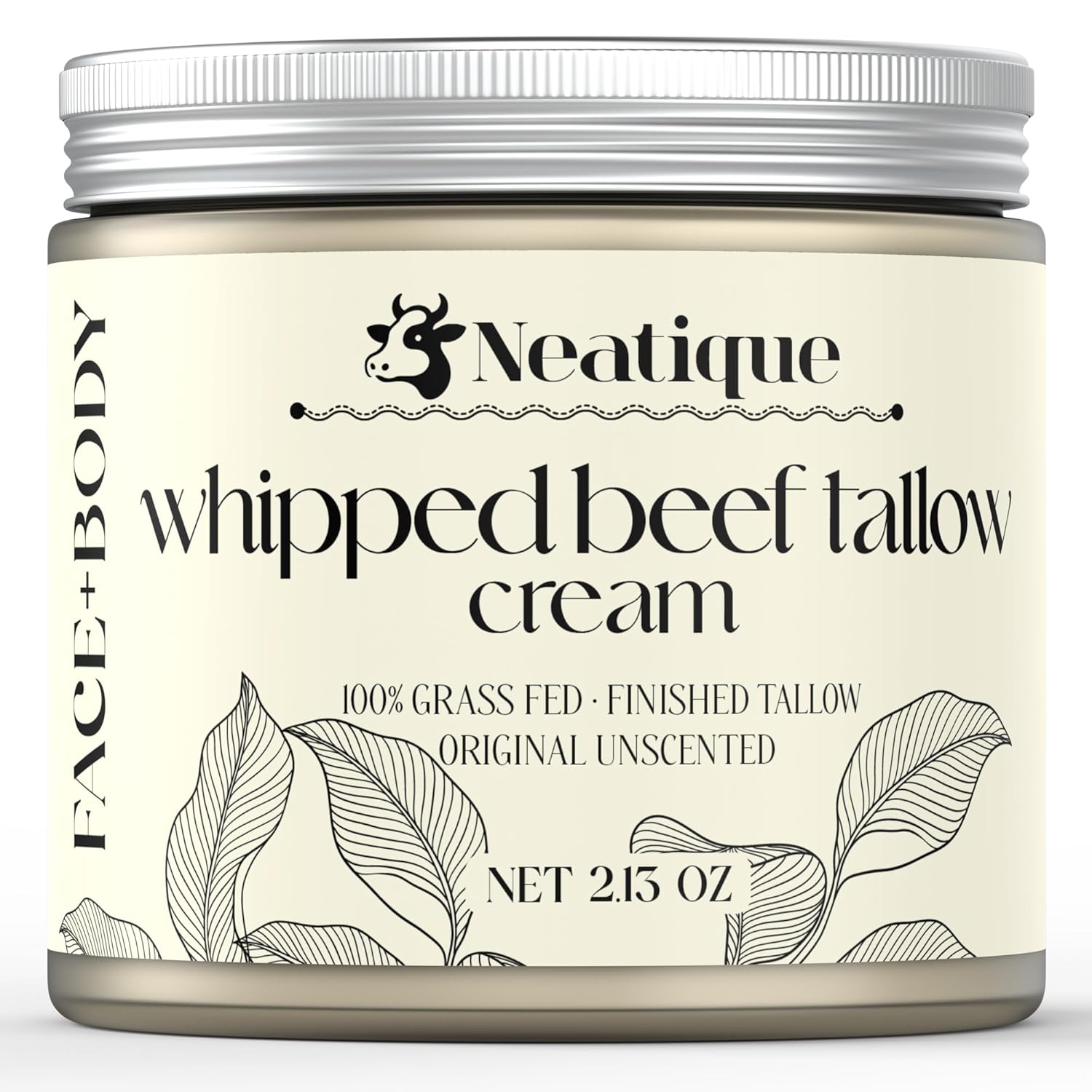 100% Grass Fed Beef Tallow for Skin Care Face & Body | Whipped Moisturizer for Skin | with Organic Beeswax & Organic Honey Balm | All Natural Formula, 2.13oz (Unscented)