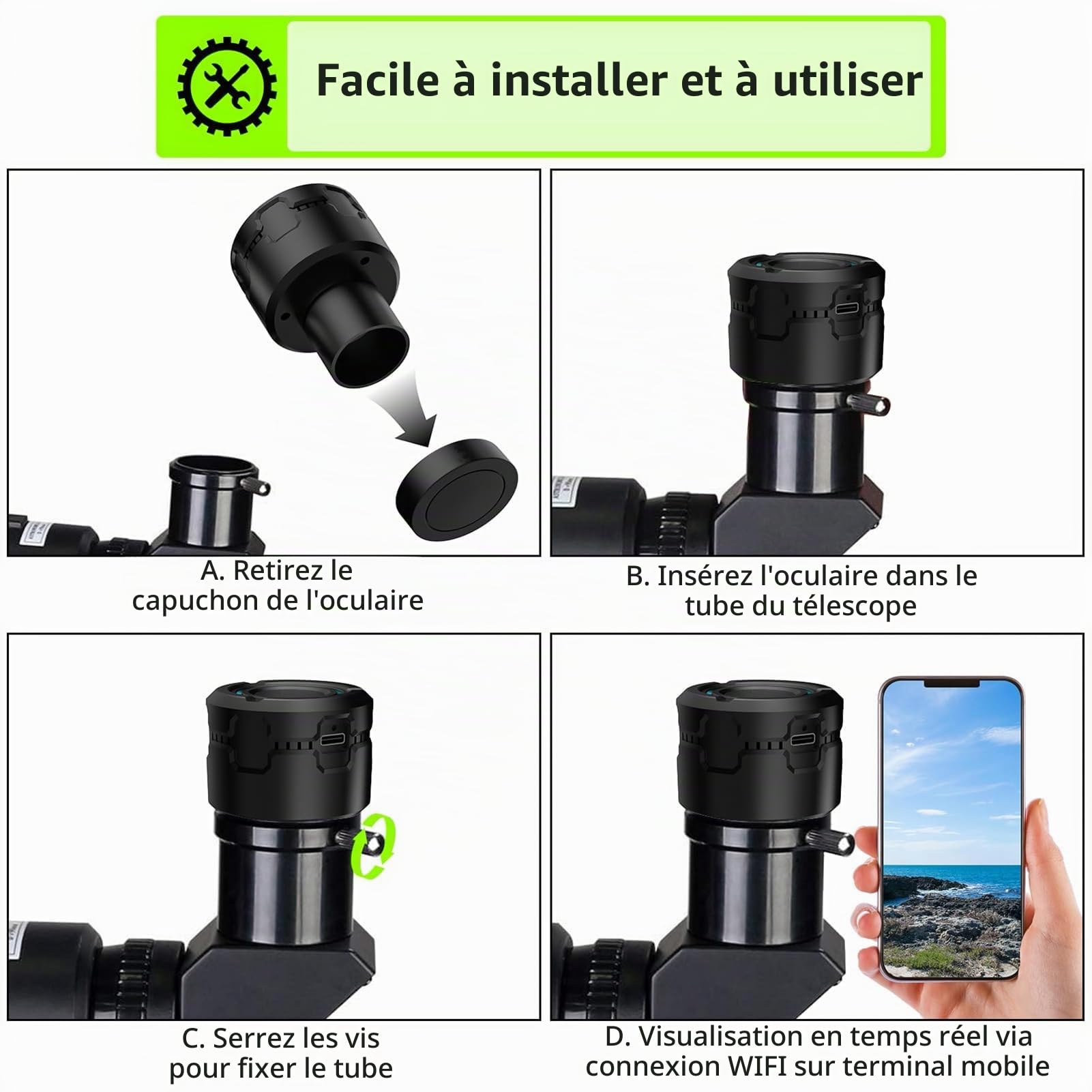 Andoer Oculaire numérique WiFi sans fil pour caméra télescopique, enregistrement vidéo 4K, prise de photos, batterie intégrée, oculaire électronique pour télescope de 1,25"