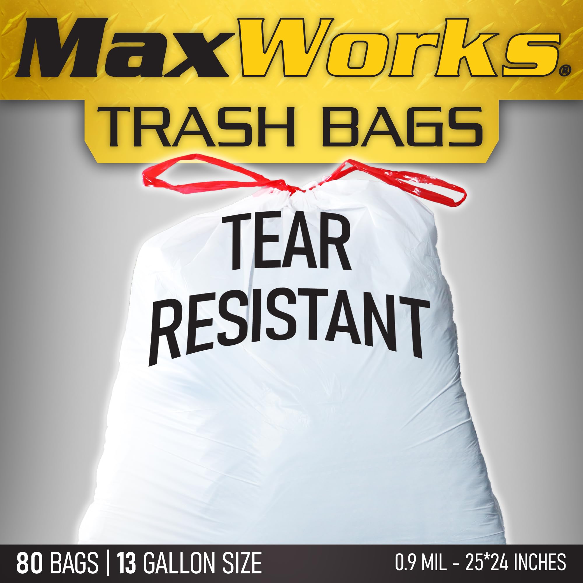 MaxWorks 51040 - Bolsa de basura de 13 galones, paquete de 80 unidades con correa, material de polietileno, grosor de 0.9 mil, tamaño 25 x 24 pulgadas, para fiestas en el hogar, reuniones, limpieza,