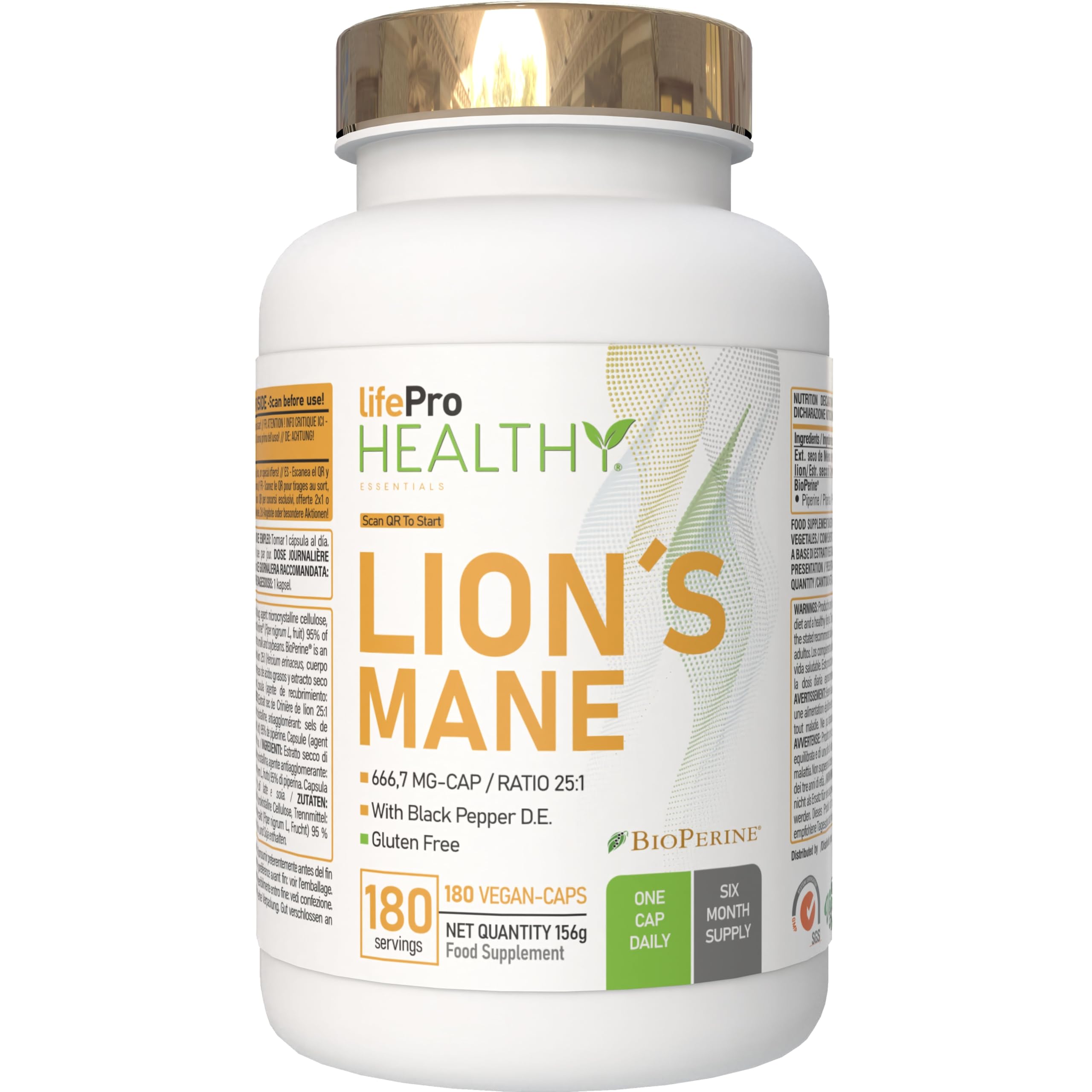 Lions Mane Bio – Gélules Criniere de Lion Haute Puissance 16,000mg – Extrait 25:1 Ultra-Concentré avec BioPerine® – Riche en Polysaccharides & Bêta-Glucanes – 6 Mois – Naturel, Mémoire & Immunité