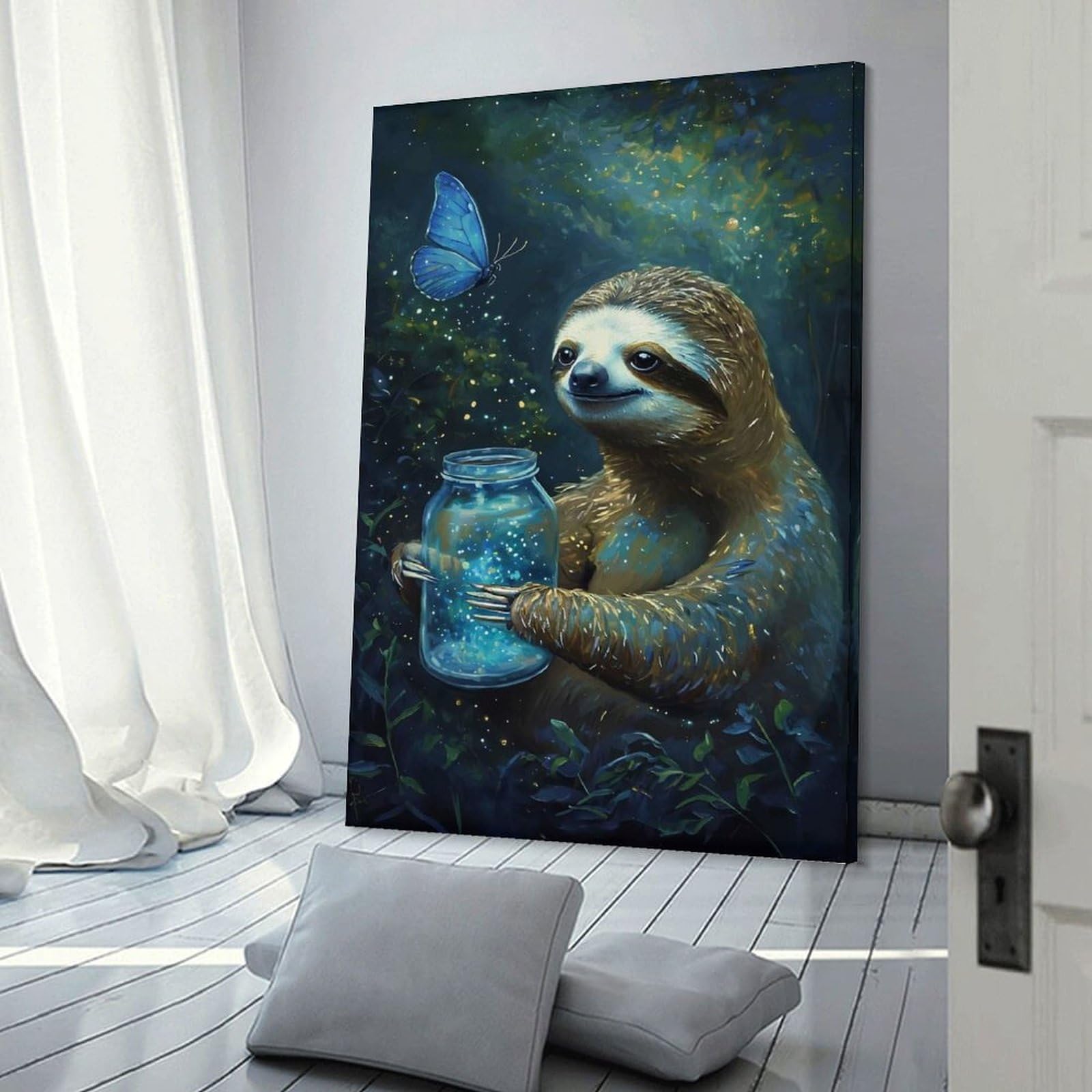 Junmoney Wall Picture Print Sloth with Firefly Jar, 20x30inch(50x75cm), for Living Room, Bedroom Or Apartment Walls, A Home Accent with Warm Character