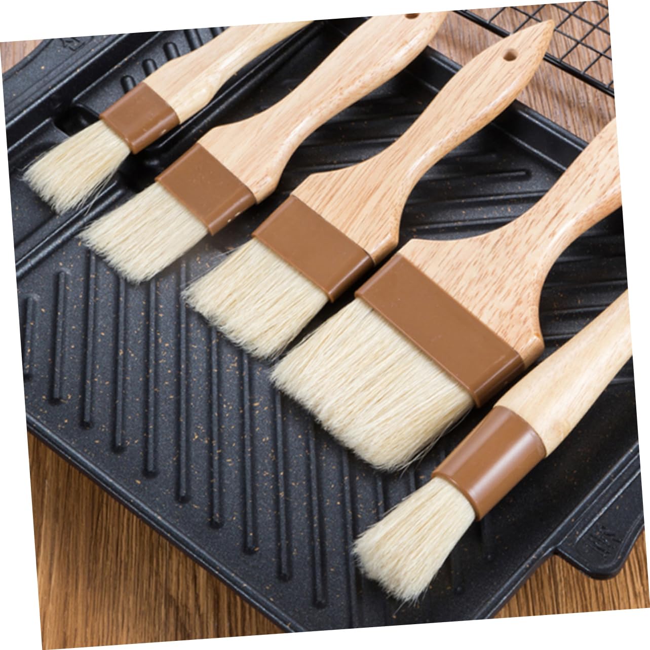 HAKIDZEL 4Pcs Basting Oil Brush with Durable Wood Handle Heat Resistant Wool Bristles for Bbq Baking Cooking Includes Small Medium Large Round Lengthened Brushes