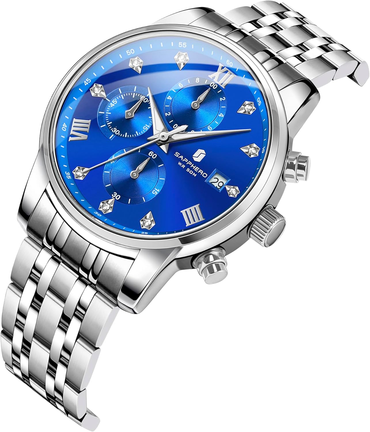 SAPPHERO Round Stainless Steel Watch for Men, 50M Waterproof Luminous Stylish Mens Gift Wristwatch with Date Display and Analog Quartz Design