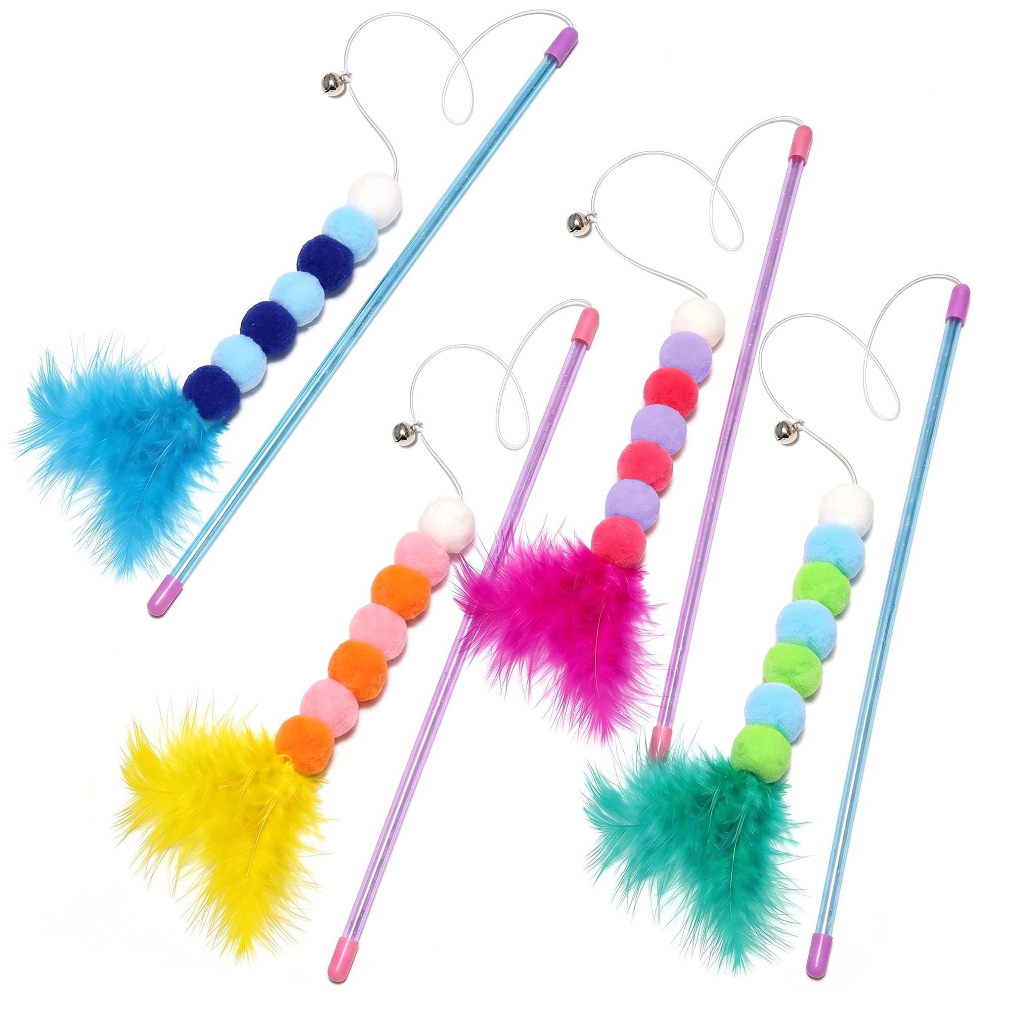 4 Pcs Cat Wand Toys with Feathers & Bells, Soft Hair Teaser, Colorful Interactive Kitten Teasers with Plush Balls & Feather Chasers for Indoor Play, Exercise & Training (Green, Blue, Red, Yellow)