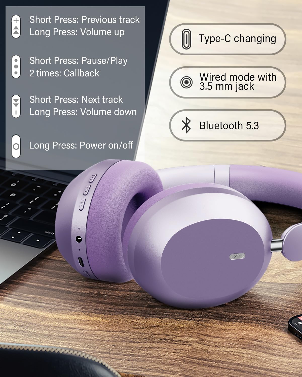 Wentronic Y05 Over-Ear Headphones – Hi-Res Sound, Active Noise Cancelling, Wireless Bluetooth 5.3, 48H Playtime, Premium Audio Comfort for Android, iOS & PC – Purple - Image 7