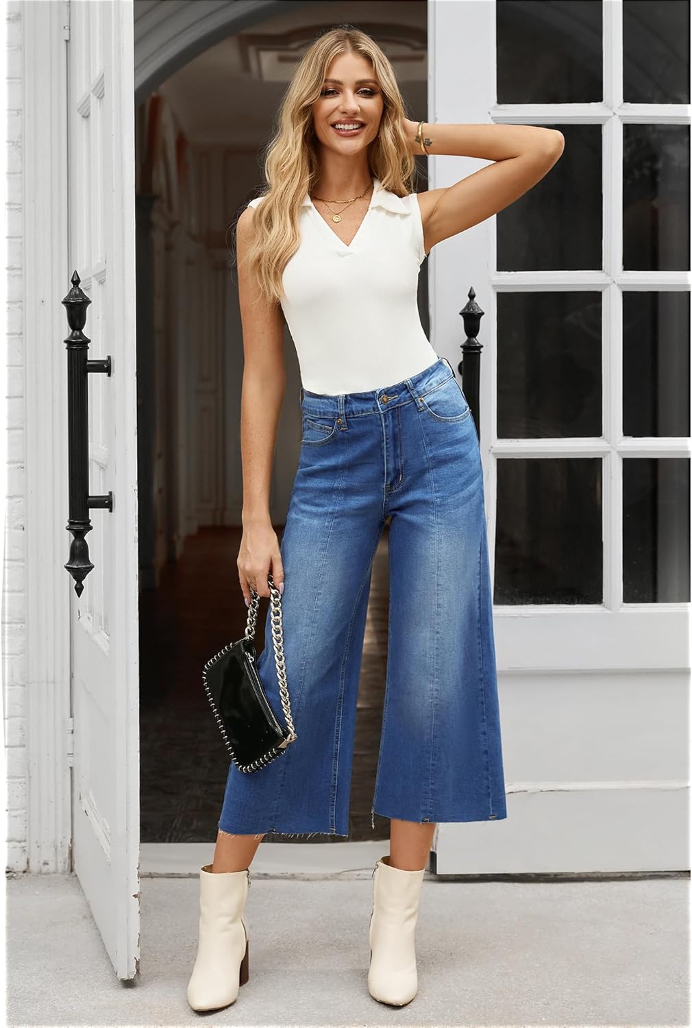 GRAPENT Jean Capris for Women Wide Leg Jeans High Waisted Seamed Front Raw Hem Denim Capri Pants Stretchy - Image 5