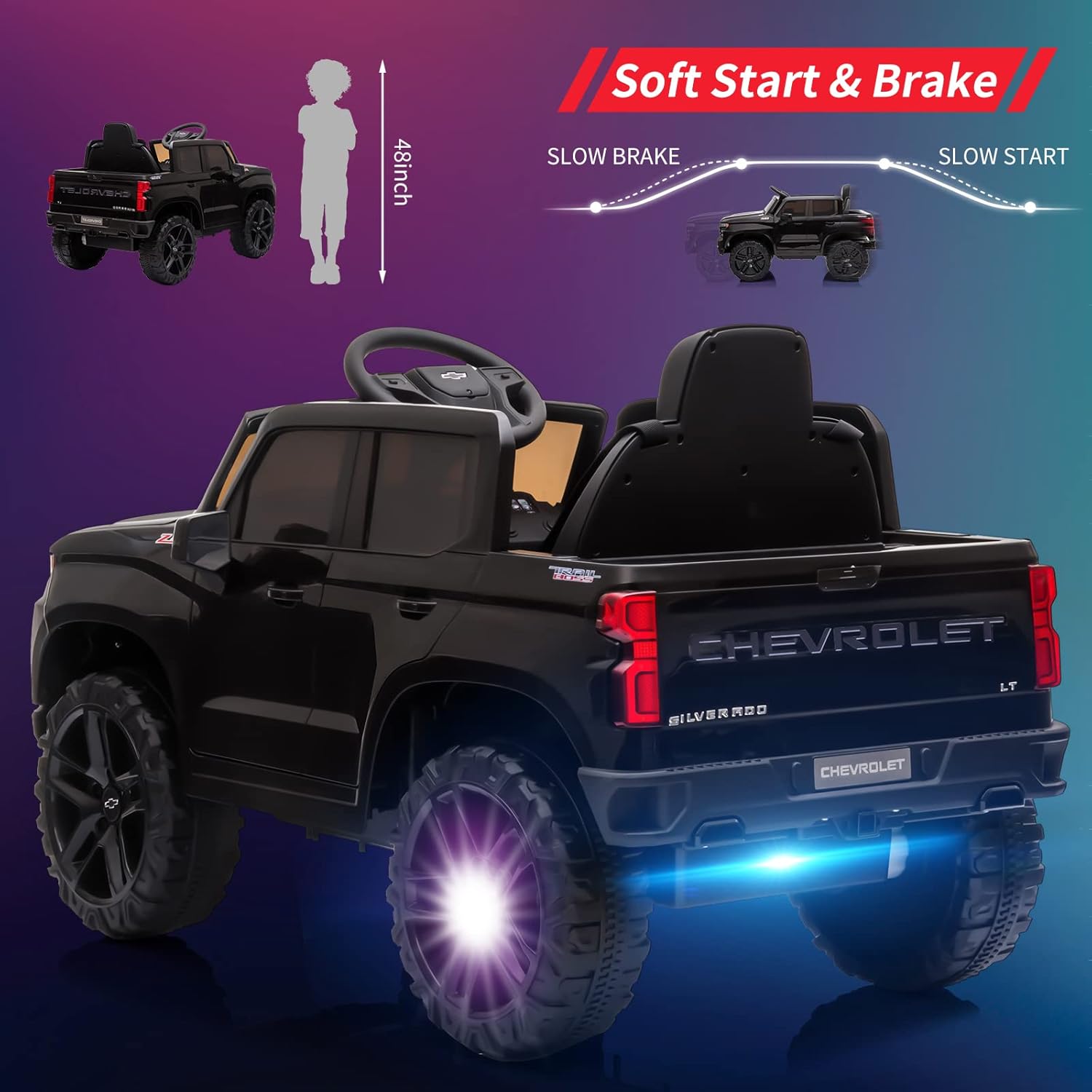 12V Ride on Car with Remote Control, Battery Powered Licensed Chevrolet Silverado GMC Kids Ride On Truck, Toddler Electric Vehicles Toys,Music,FM,Bluetooth, Spring Suspension, LED Light (Black)