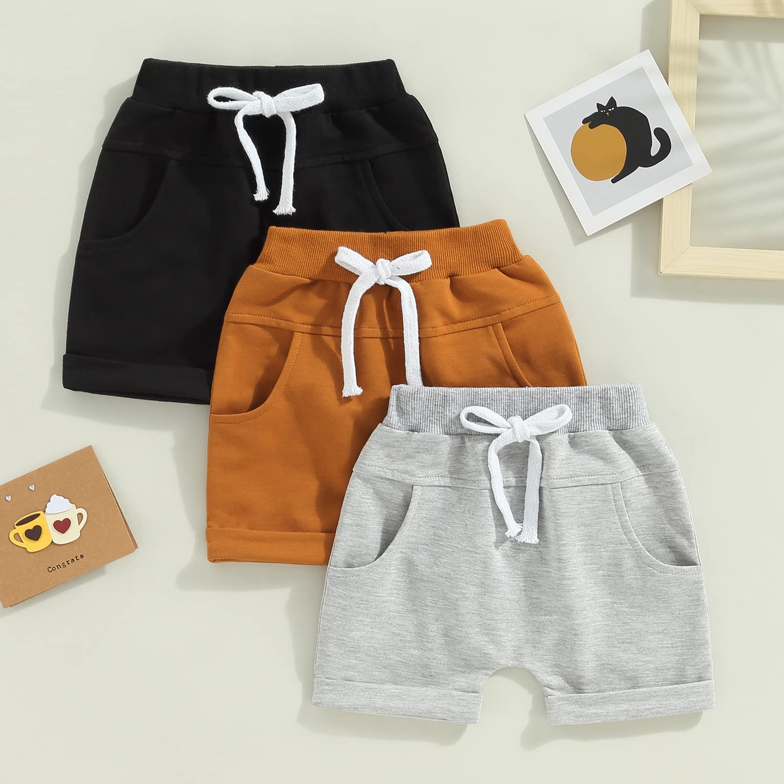 Thilsidee 3 Pack Toddler Baby Boy Girl Solid Color Shorts Elastic Waist Casual Short Trousers Spring Summer Fall Short Pants (A-Black Brown Grey, 2-3 Years)