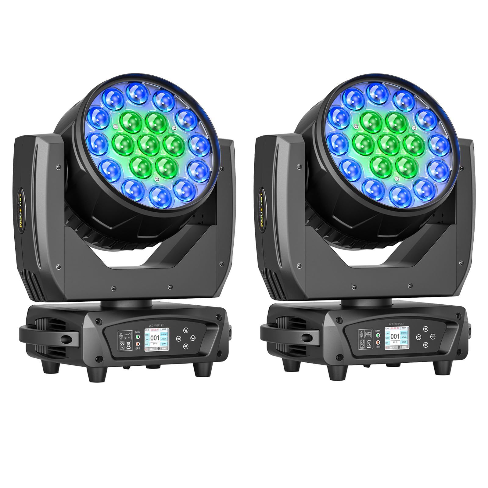19 X 15W Wash Zoom Teste Mobili, RGBW 4 in 1 LED Fuoco Fascio Luce 4 Modalità di Controllo Professionale Palcoscenico Moving Head per Partito KTV Concerto Bar Festival Matrimonio Discoteca