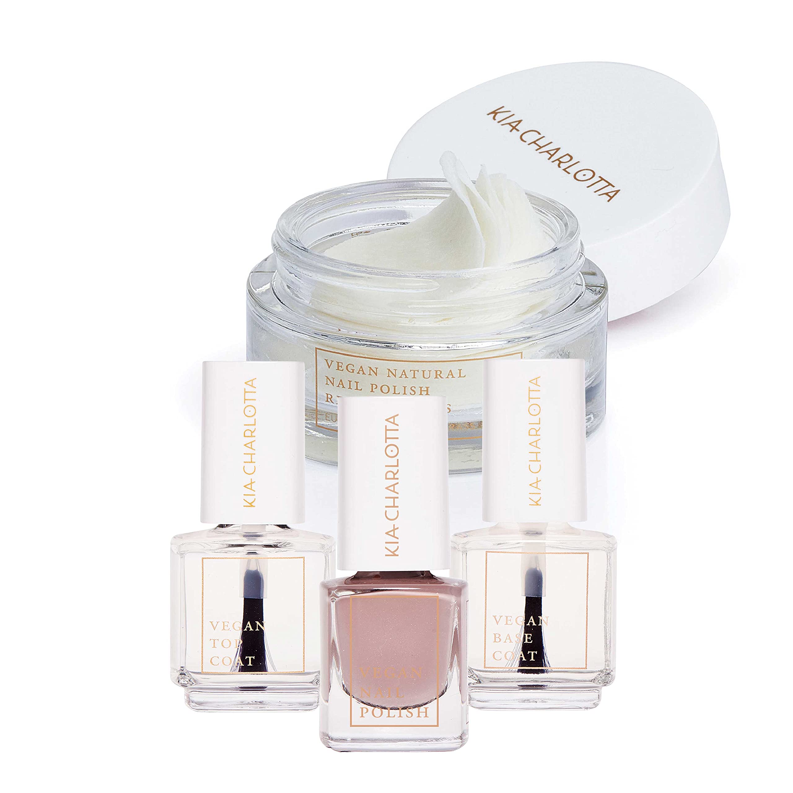 Kia-Charlotta, 100% Veganer Nagellack, Set, 1x Farbe Courageous (Taupe) + Unter- & Überlack + natürlicher Nagellackentferner 40 Pads, bis zu 87% natürlich, Schadstoffarm, Premium Qualität