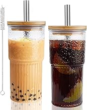 2PCS Clear Striped Glass Mugs, 600ml Tumbler With Wooden Lid, Coffee Cups, Transparent Tea Cups,Reusable Glass Cups