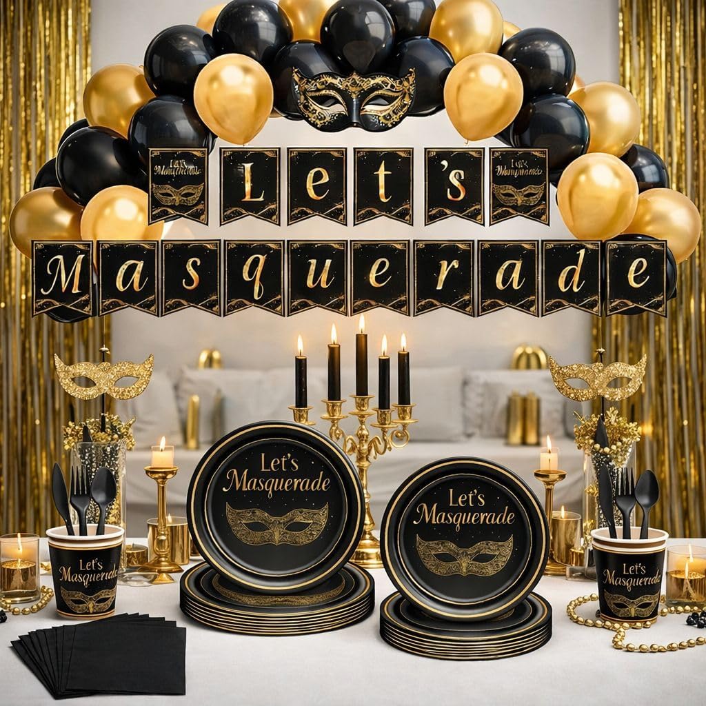 Masquerade Party Decorations Set – Elegant Black & Gold Masquerade Party Supplies with Banner, Plates, Cups, Napkins, Balloons & Cutlery for Birthday, Prom & Formal Parties
