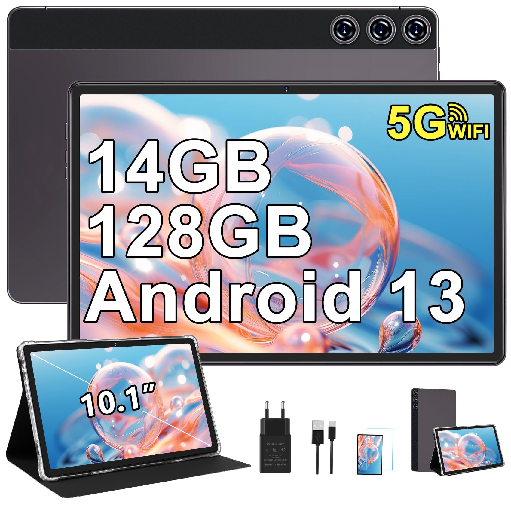 ZIOVO Tablet 10 Pollici Android 13 Tablets,14GB RAM + 128GB ROM(1TB TF),Octa-Core 2.0 GHz,5G WiFi/8000 mAh/8+5MP/BT 5.0/Widgets/Corpo in Metallo,Tablet con Custodia Protettiva - Grigio