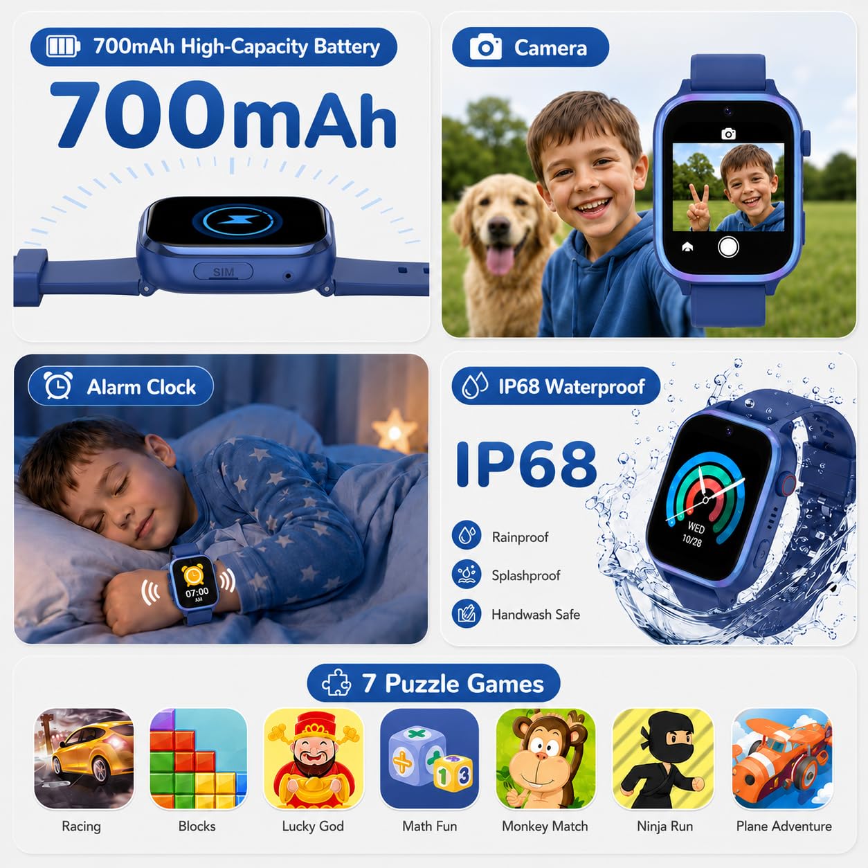 4G Smartwatch Bambini con GPS e Videochiamate, Orologio Telefono con SOS | Localizzatore WiFi e LBS Batteria 700mAh Modalità Scuola Chat Vocale Torcia Sveglia IP68 Regalo per Ragazzi Ragazze 5-12 Anni
