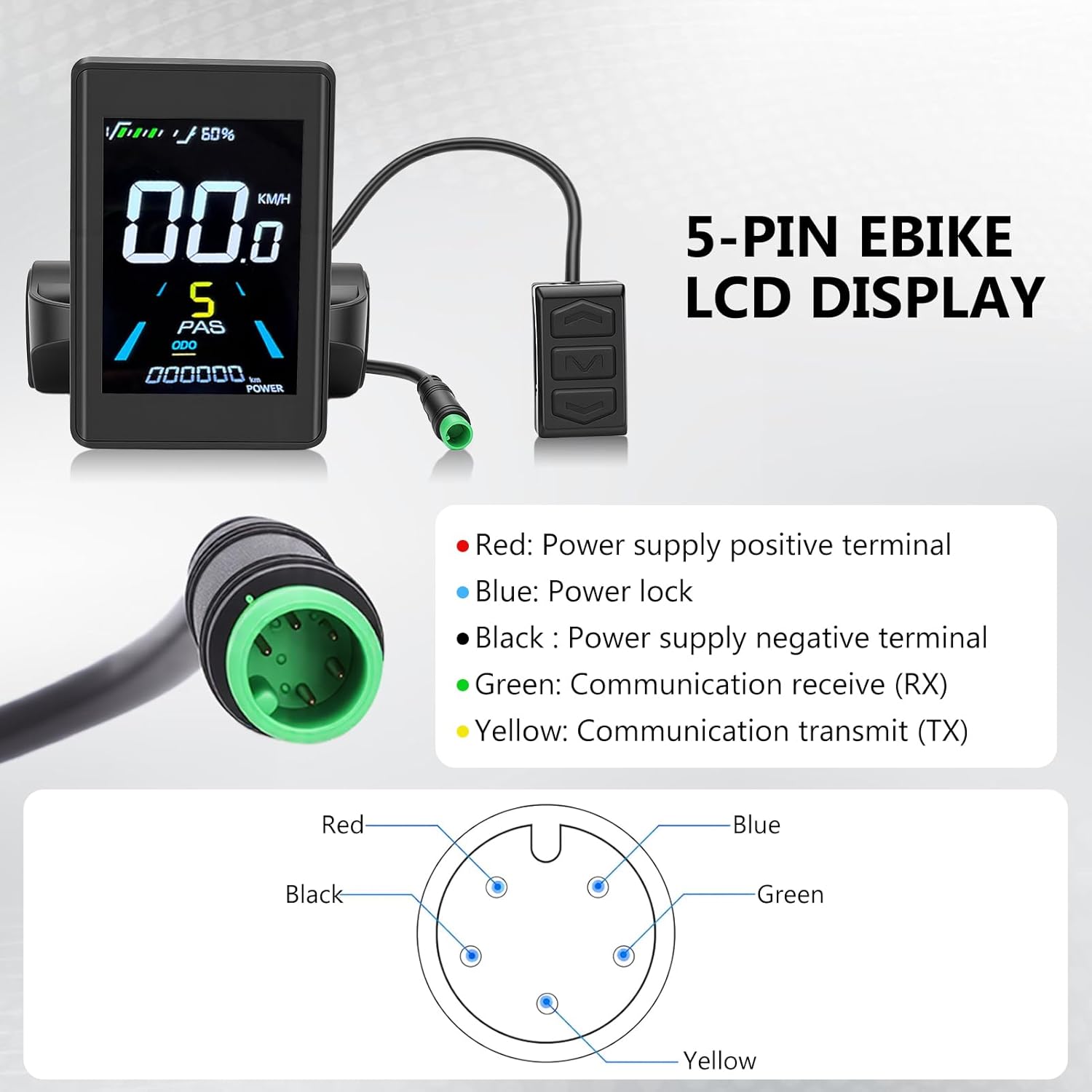 Electric Bike LCD Display, Smart Electric Bike Display Meter, Waterproofing 5 Core Connector Speedometer, Electronic Control Panel for Cycling