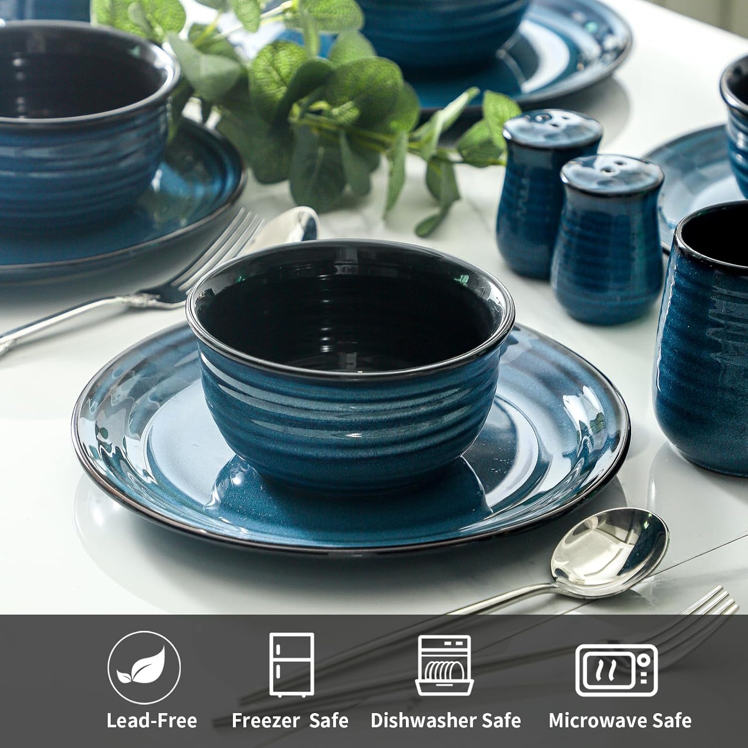 Hasense 14-Piece Dinnerware Set, Chip and Scratch Resistant Plates and Bowls, Stoneware Round Kitchen Dishes Set Service for 4, Dishwasher Oven Microwave Safe, Blue