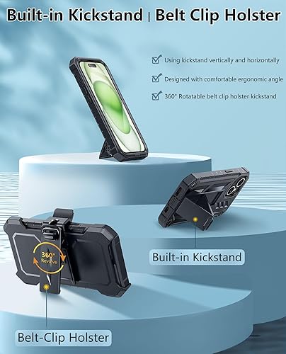 Miniatura 5 de FNTCASE Funda para iPhone 15 Grado militar a prueba de golpes, protección completa, resistente, funda para teléfono celular con soporte y funda de