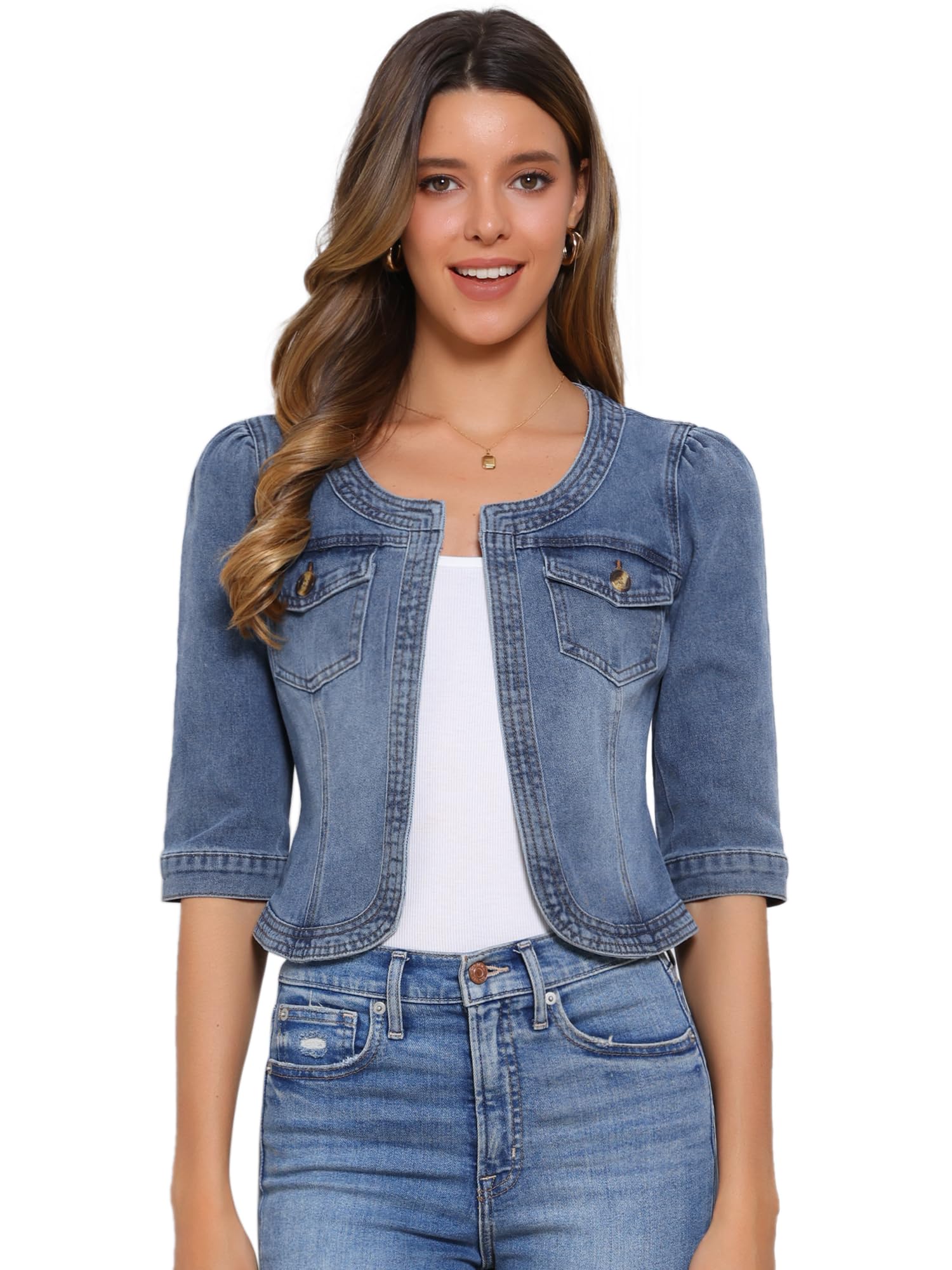 Allegra K Veste en Jean pour Femme Sans Col à Manches 3/4 Devant Ouvert Blouson en Demin Délavé