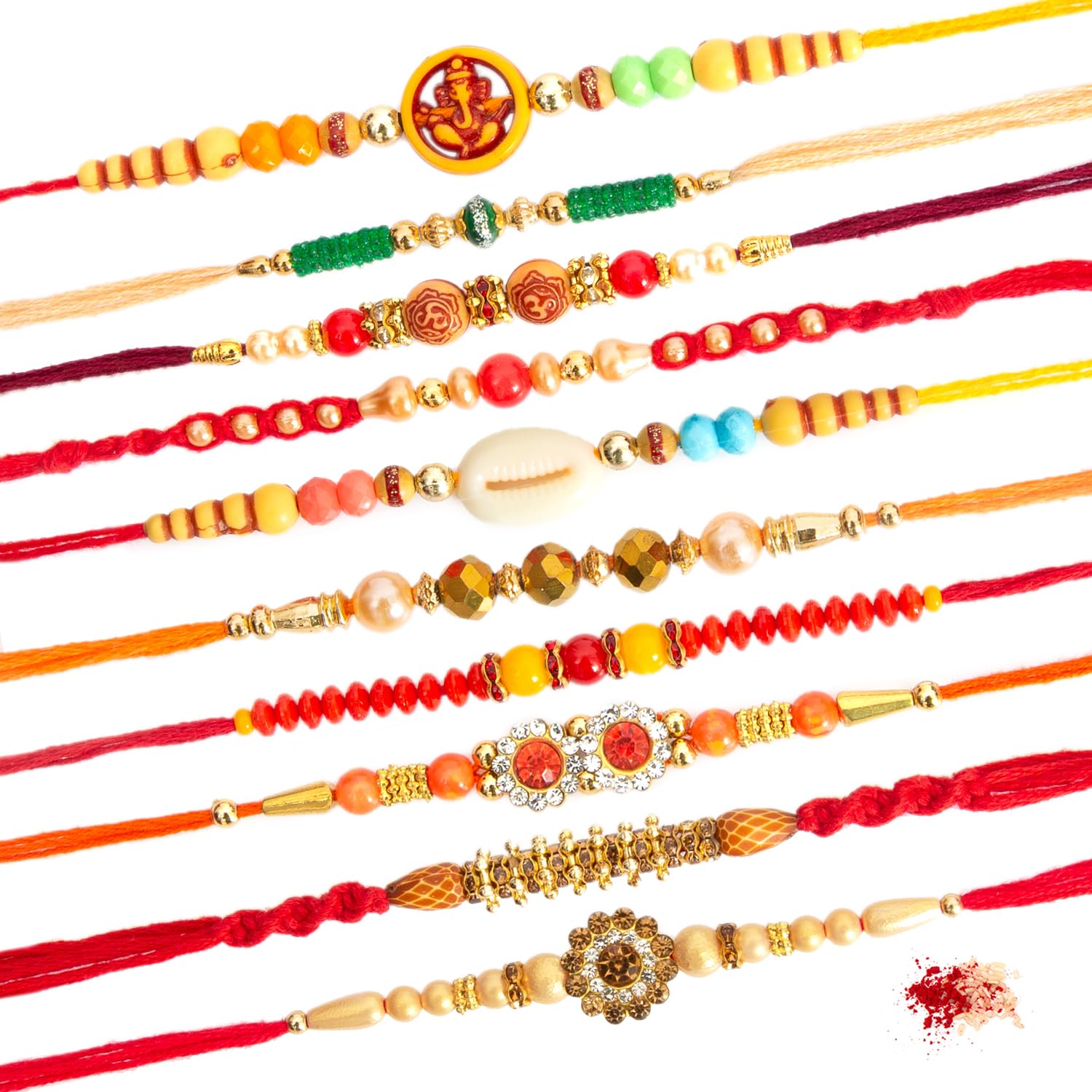 Rakhi for Brother - Pack of 10 Rakhi with Tilak Material & Greeting Card